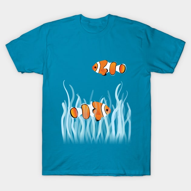 Two clown fishes swimming between sea anemones T-Shirt by Bwiselizzy
